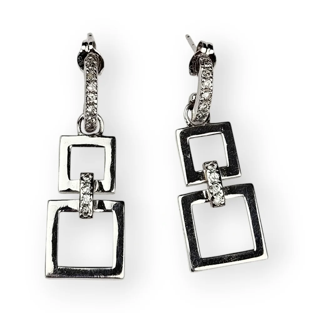 Sterling CZ Drop Post Earrings Rhodium Plated 925 Silver Double Square Prime Art
